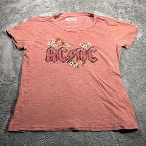 Lucky Brand AC/DC Floral Graphic Tee Pink Slub Knit Short Sleeve Shirt Small
